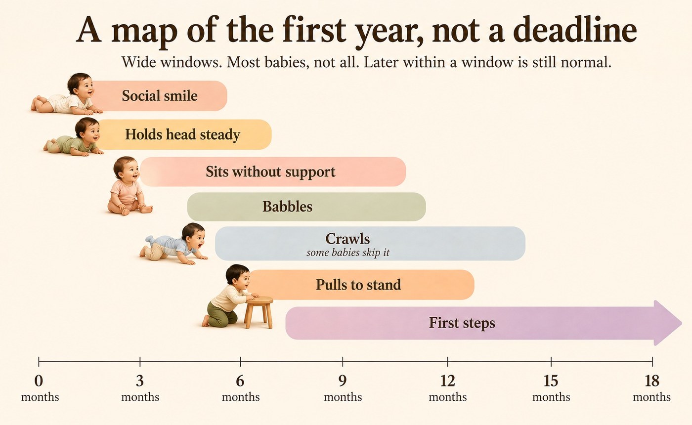 Chart showing the wide normal windows for baby milestones from birth to 18 months, from social smile through first steps