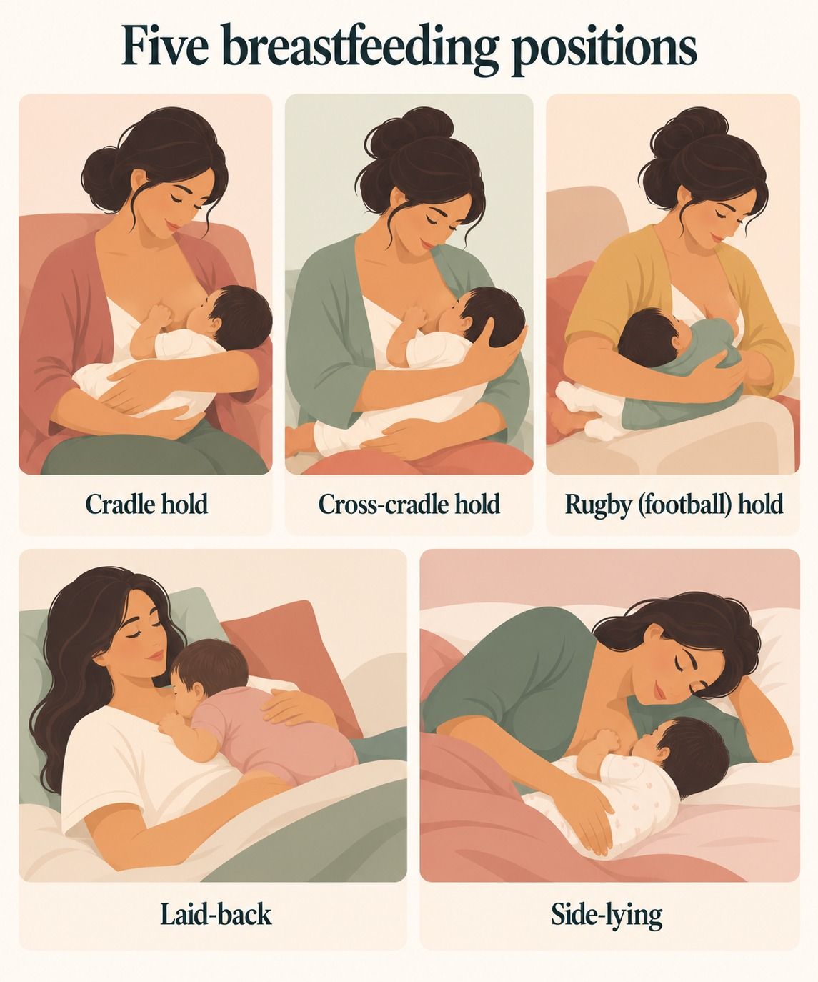 Illustrations of the five common breastfeeding positions: cradle, cross-cradle, rugby hold, laid-back, and side-lying
