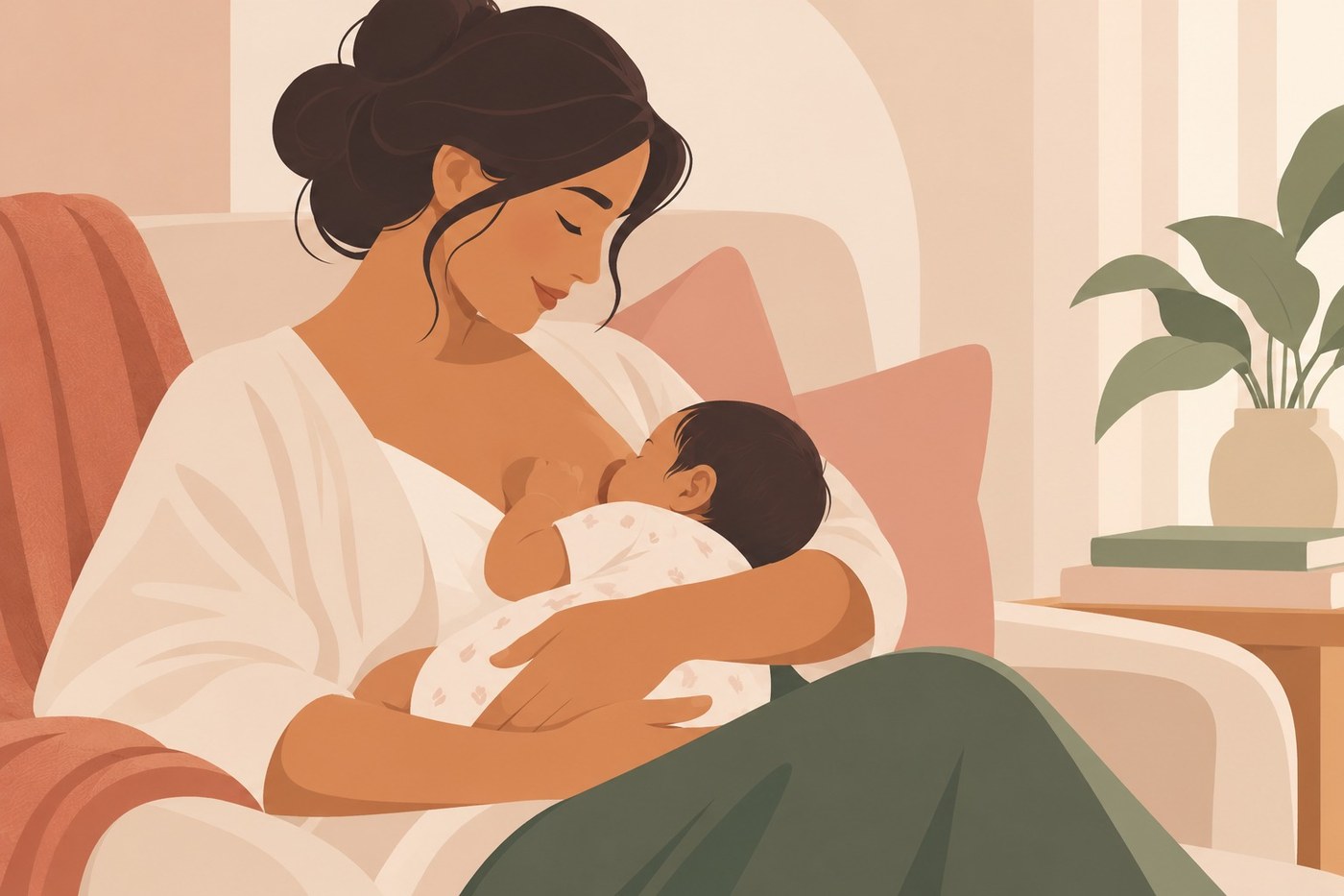 A mother breastfeeding her newborn in a relaxed cradle hold