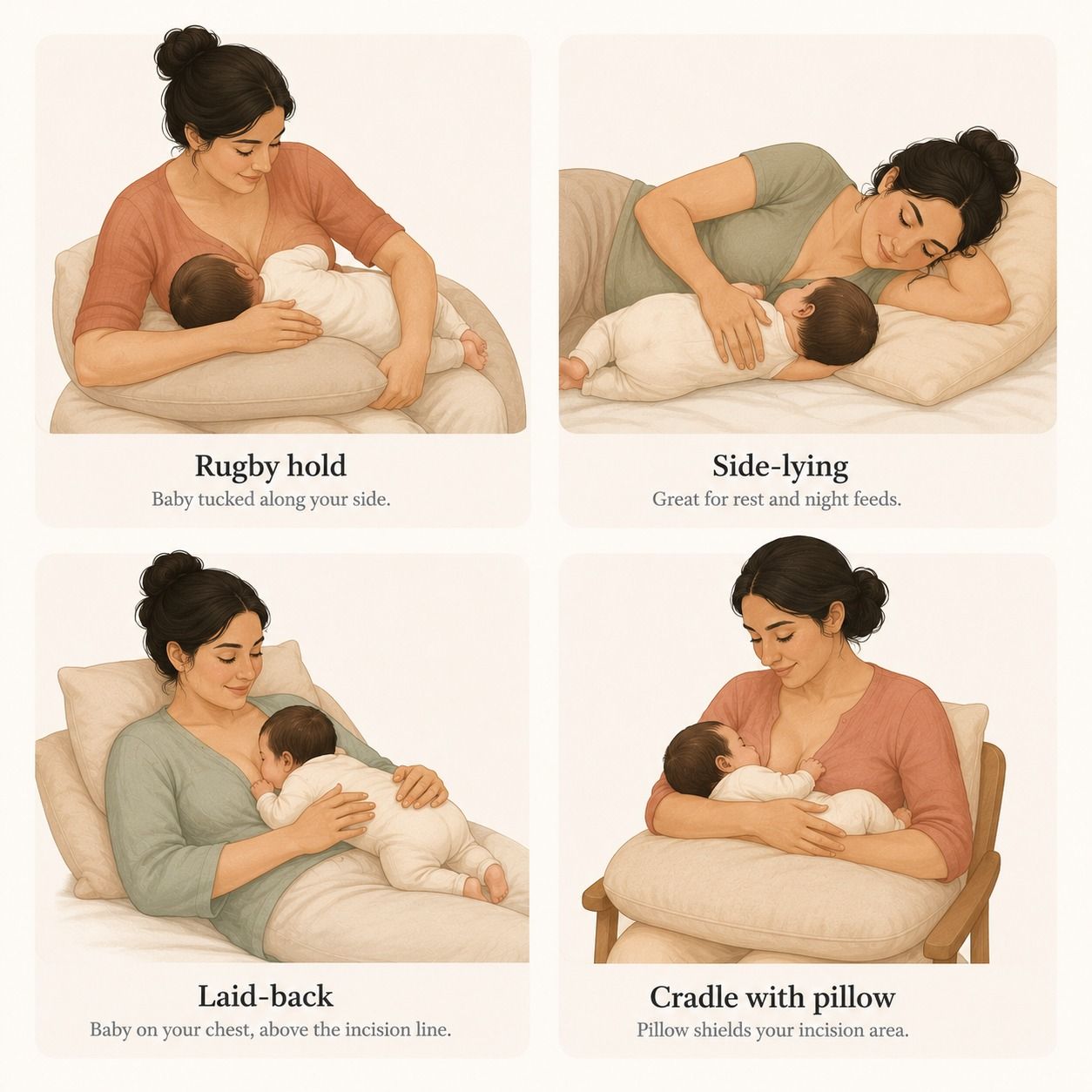 Four breastfeeding positions after a caesarean: rugby hold, side-lying, laid-back, and cradle with a pillow