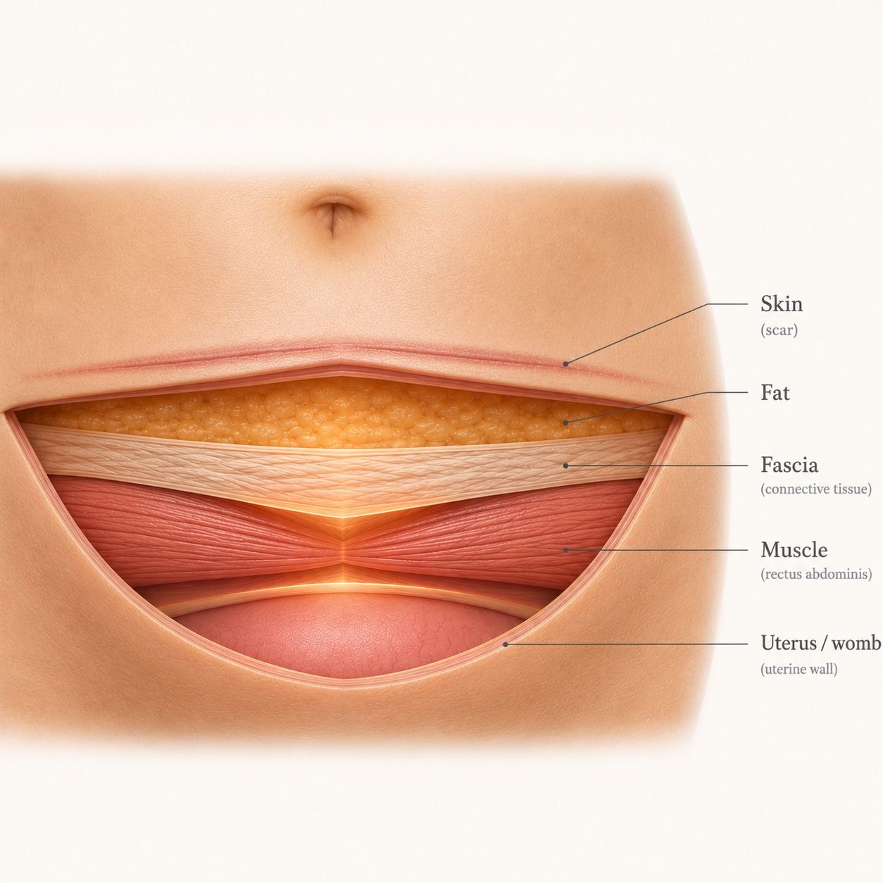 Cross-section showing the internal layers healing after a C-section, beneath the visible scar