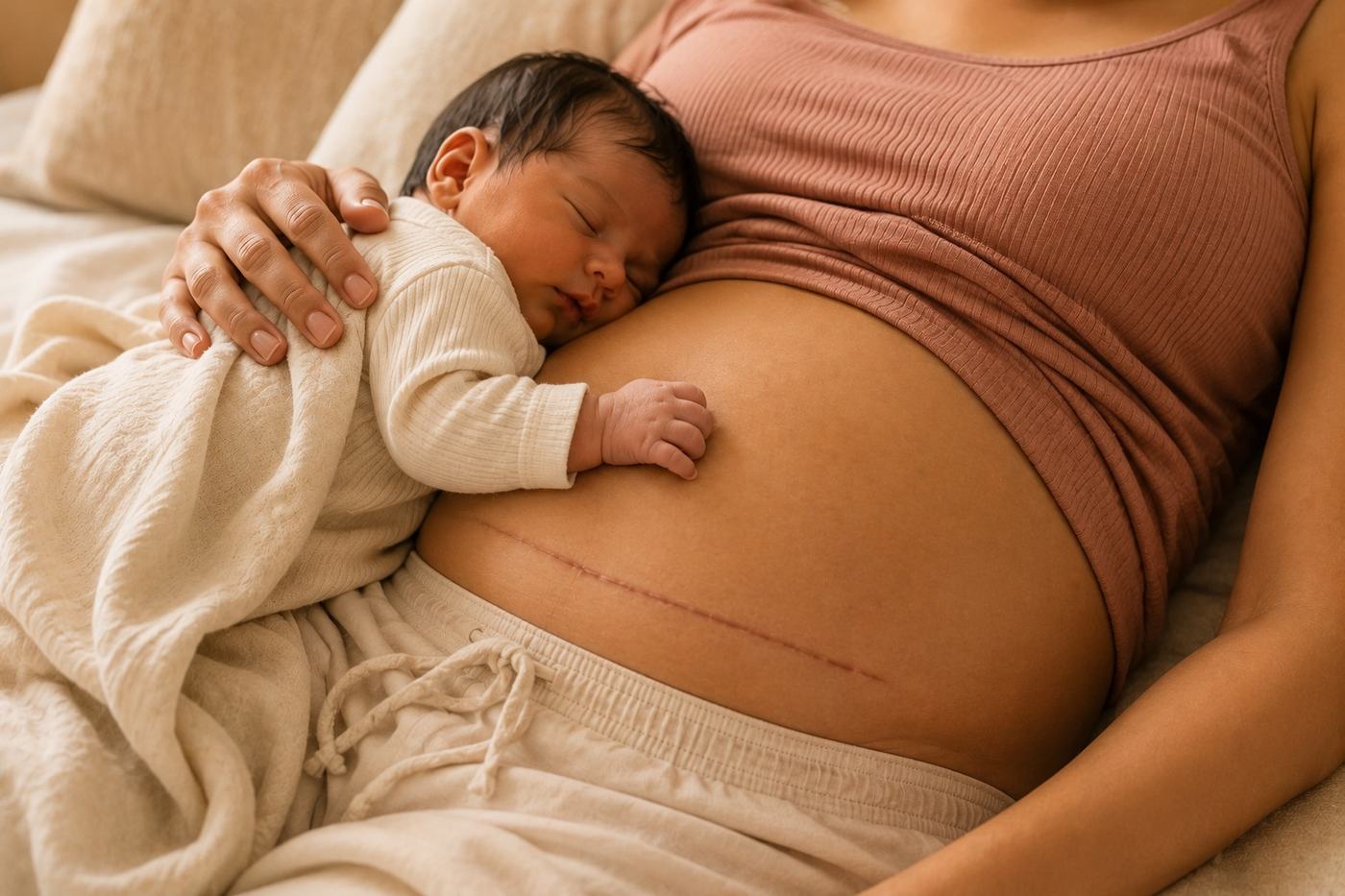 A mother resting with her newborn lying against her chest, her healing caesarean scar visible