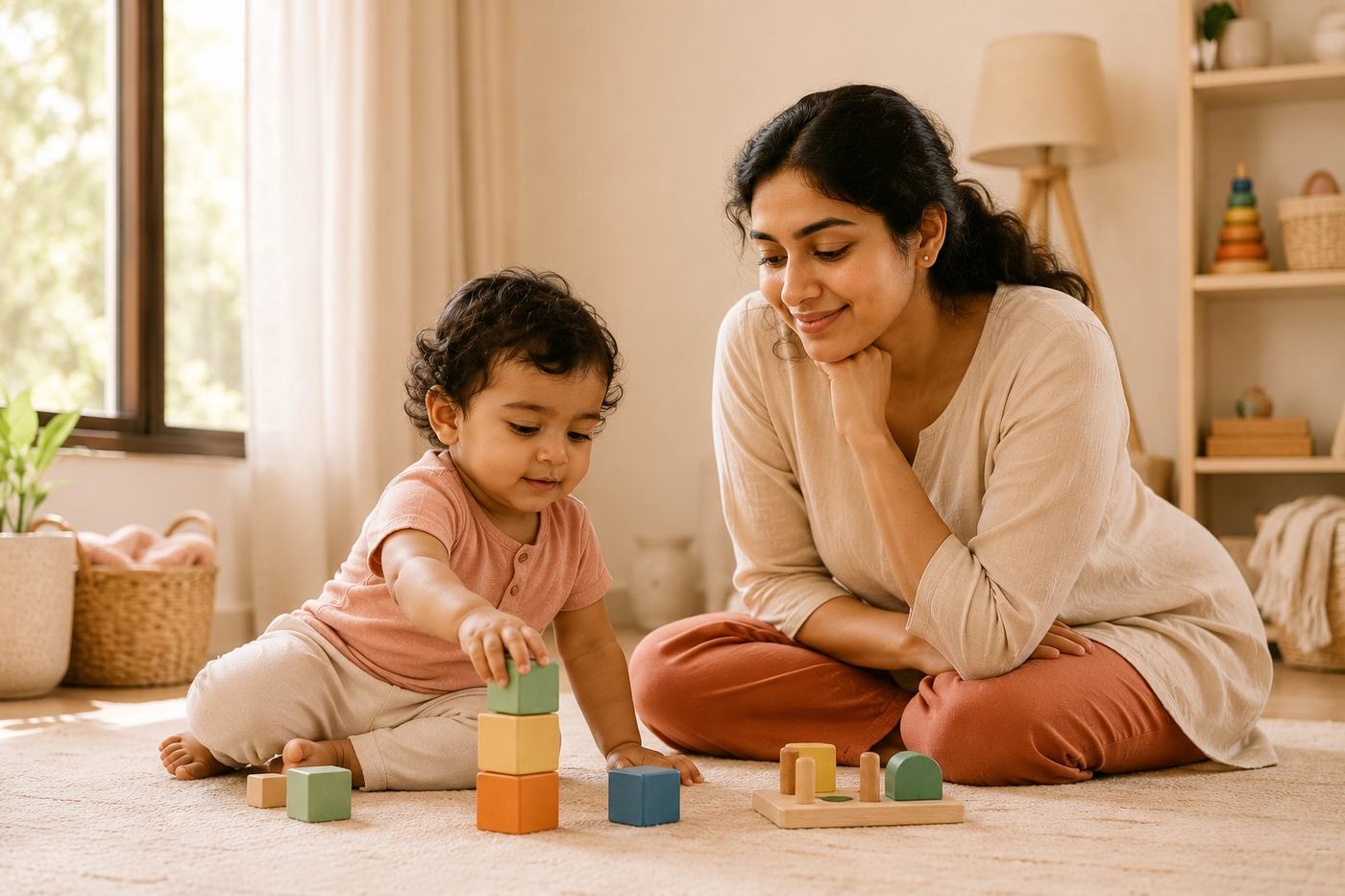 A mother watching her toddler stack wooden blocks on a rug at home
