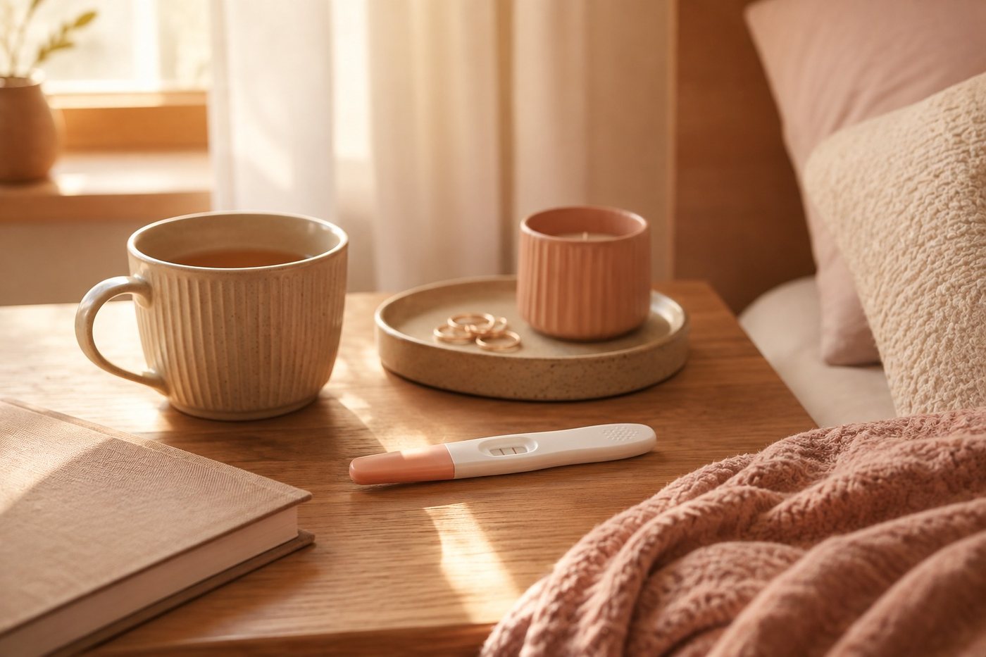 A pregnancy test on a bedside table beside a cup of tea, a candle and a book in morning light
