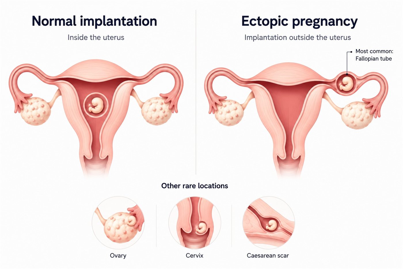 Diagram comparing normal uterine implantation with the most common ectopic sites: fallopian tube, ovary, cervix, and caesarean scar
