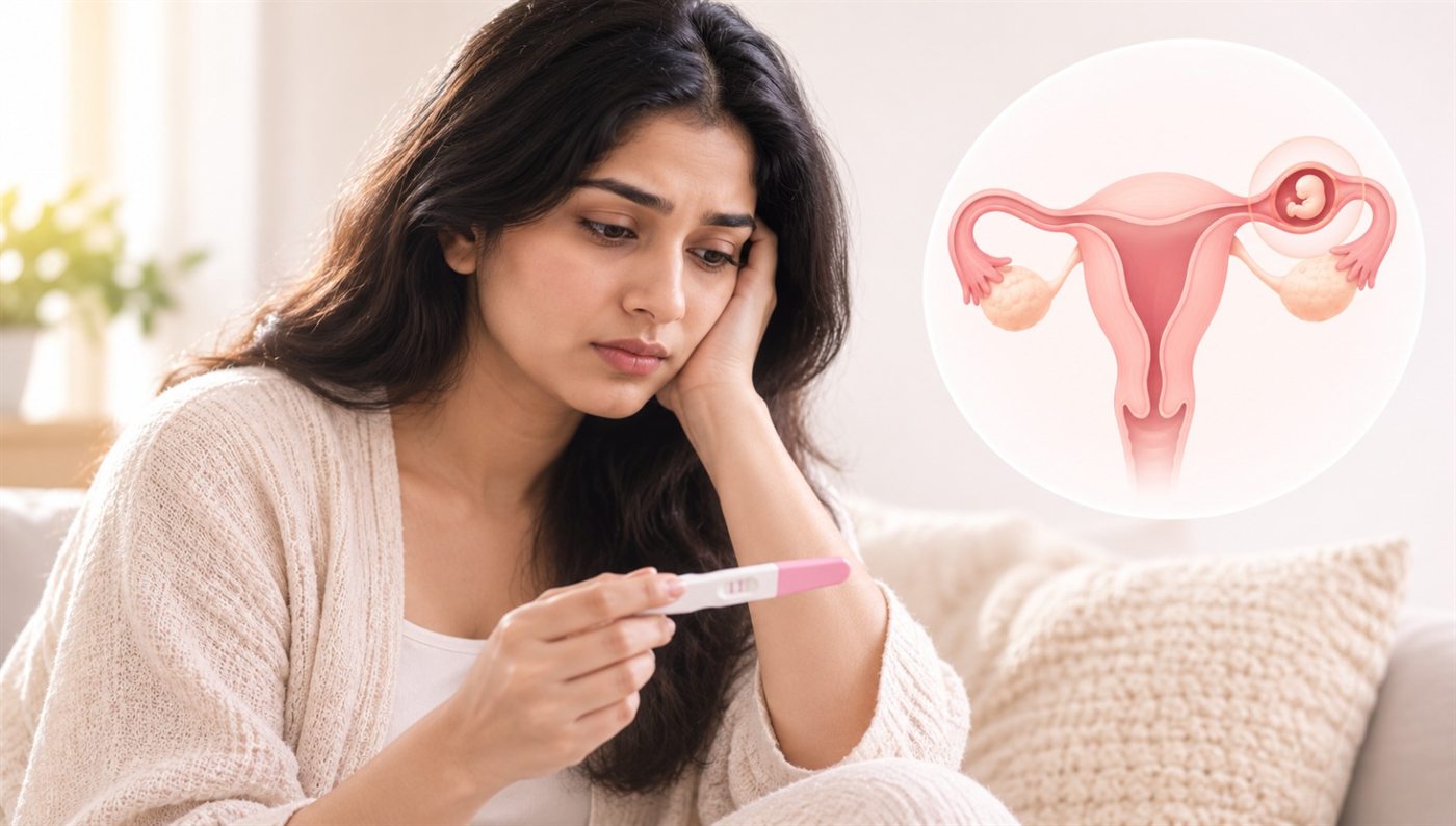 A woman looking at a positive pregnancy test, with an illustration showing a pregnancy implanted in a fallopian tube