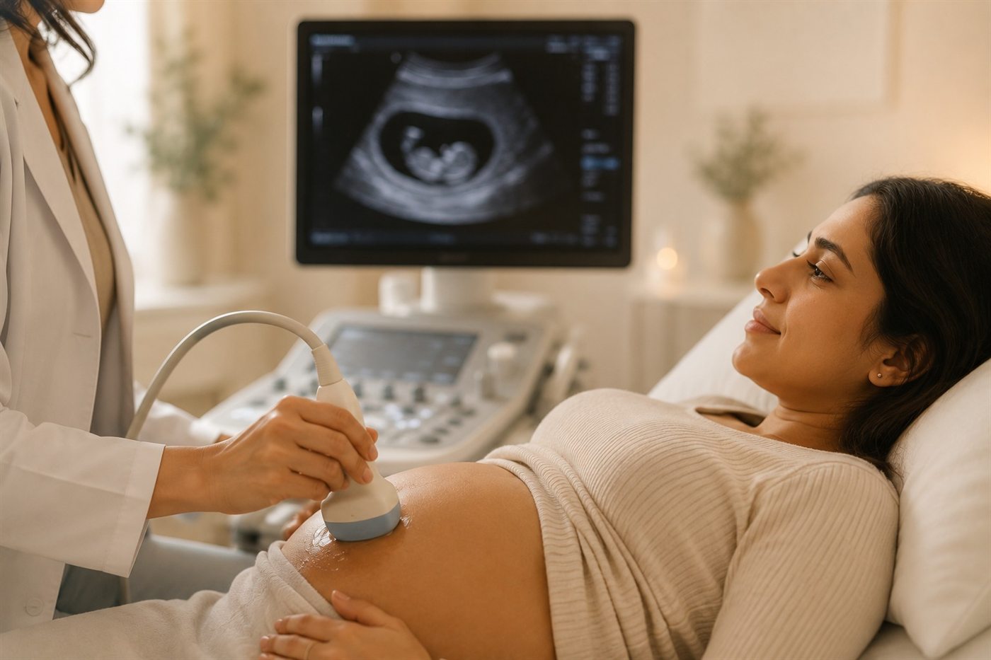 A pregnant woman smiling during an ultrasound scan, with her baby visible on the monitor beside her