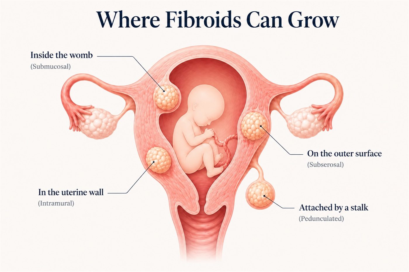 Diagram of a uterus in pregnancy showing where fibroids can grow: submucosal inside the womb, intramural in the uterine wall, subserosal on the outer surface, and pedunculated on a stalk