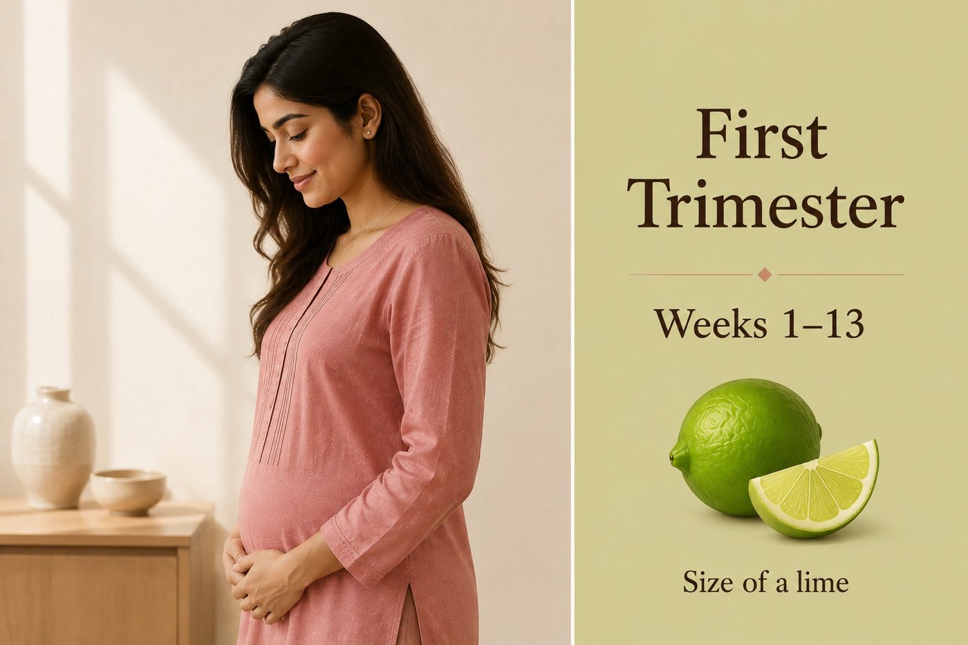 A pregnant woman resting a hand on her bump, beside a panel reading First Trimester, Weeks 1 to 13, with a lime for scale