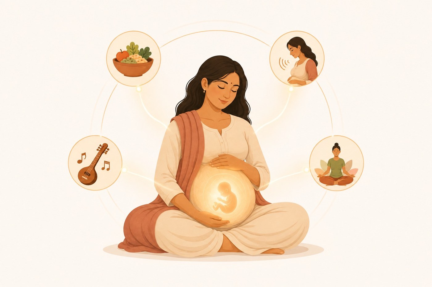 An illustration of a pregnant woman seated calmly, surrounded by symbols of nourishment, music, speech and rest