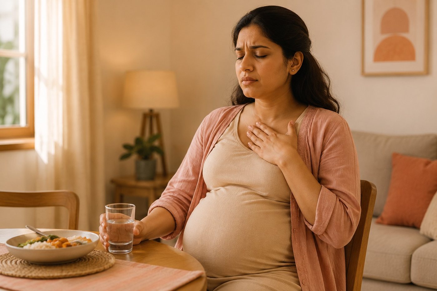 A pregnant woman sitting at a table with a hand on her chest and a glass of water beside a bowl of food