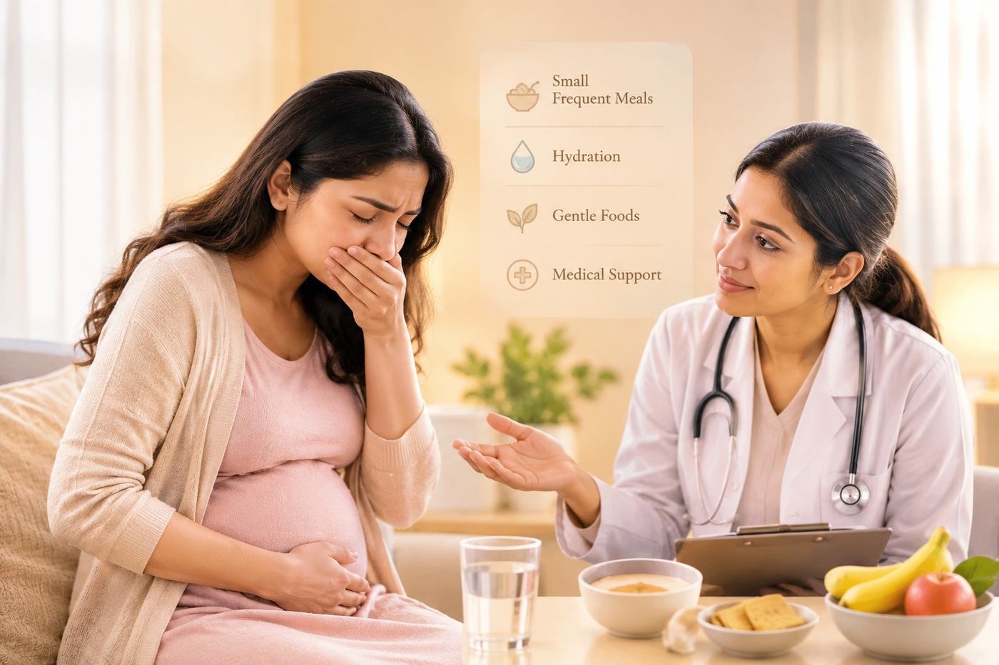 A pregnant woman feeling nauseous while a doctor reassures her, beside a panel listing small frequent meals, hydration, gentle foods and medical support