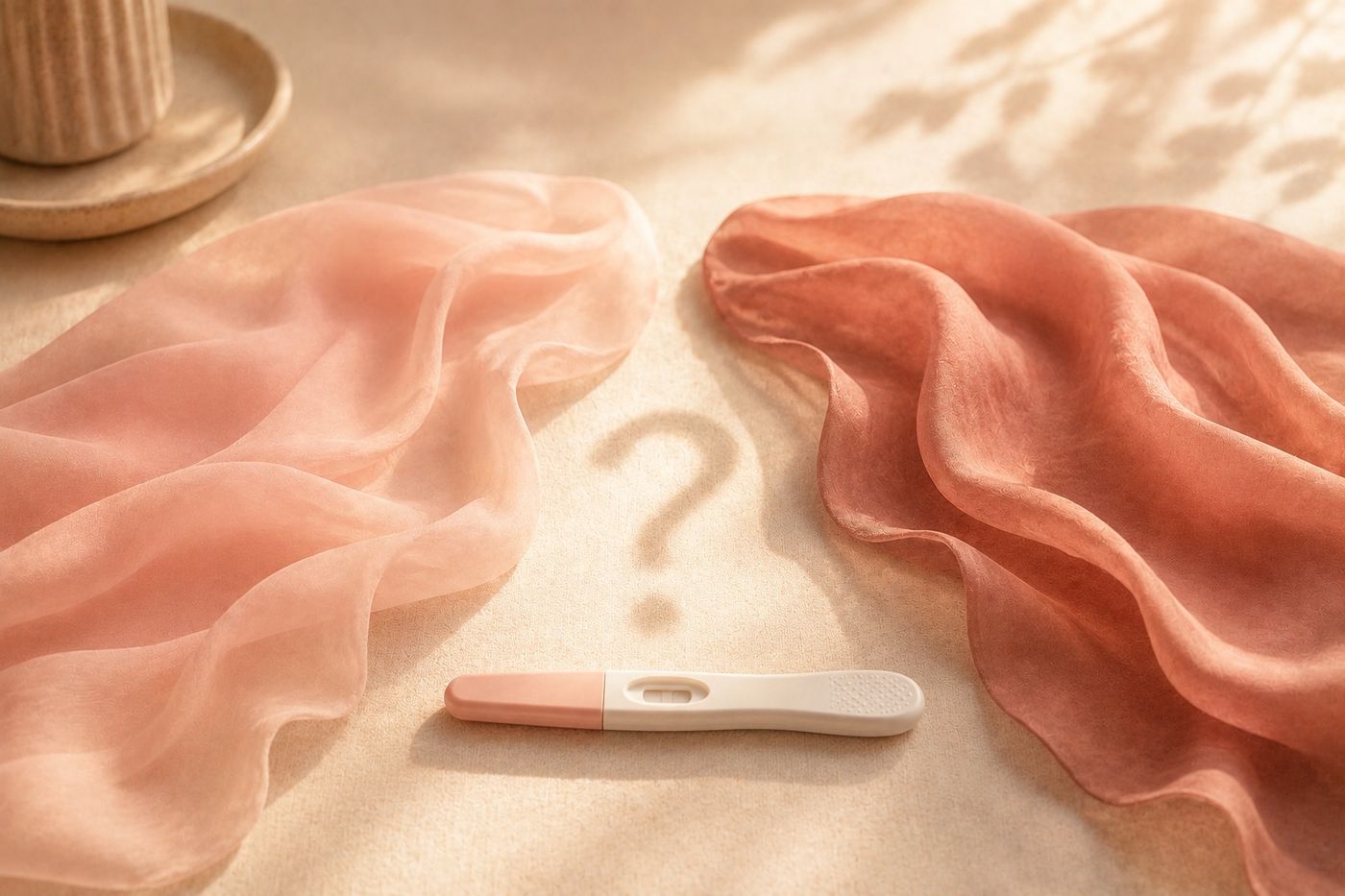 A pregnancy test on a pale surface between two draped fabrics, one pale pink and one deeper red, with a question-mark shadow between them