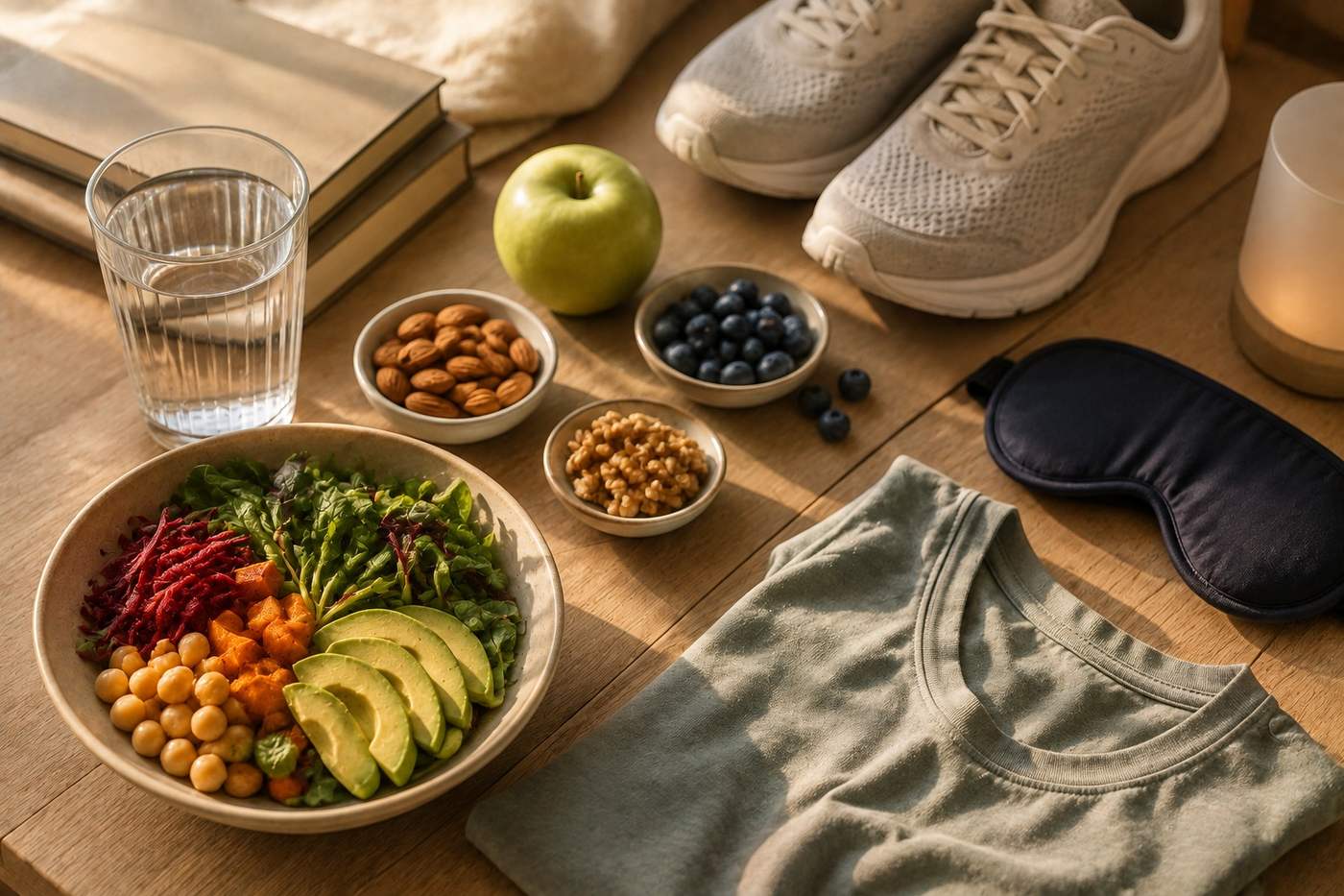 A table laid with a salad bowl, nuts, fruit, a glass of water, running shoes and a sleep mask