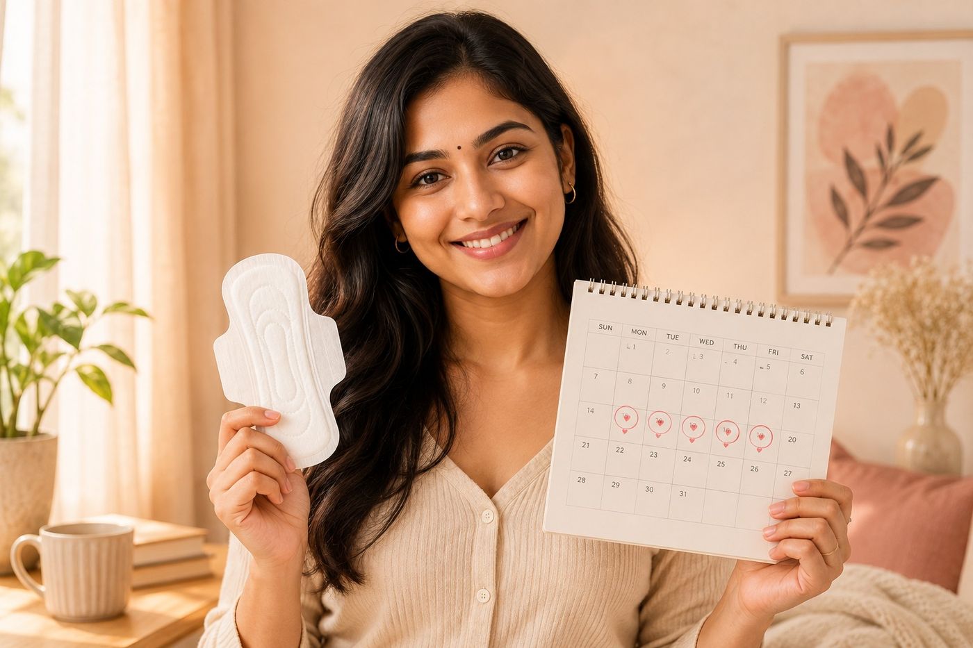 A woman holding a sanitary pad and a calendar with several days circled