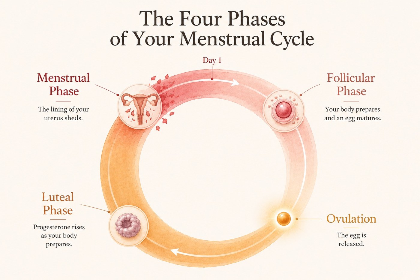 Circular diagram of the four phases of the menstrual cycle, showing the menstrual and follicular phases overlapping and ovulation as a single point
