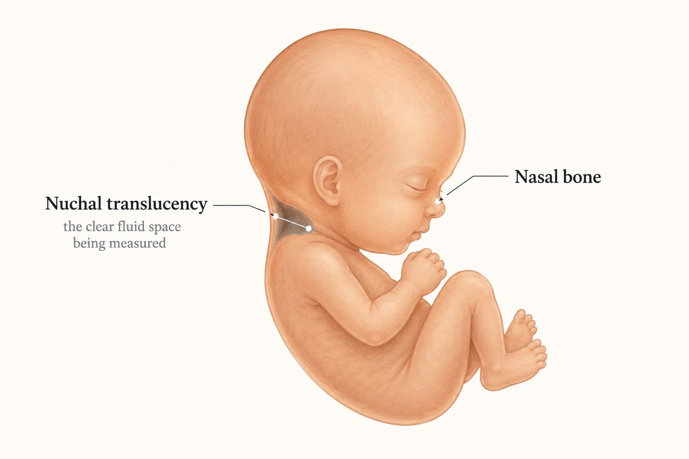 Labelled illustration of an NT scan measuring nuchal translucency at the back of the baby's neck