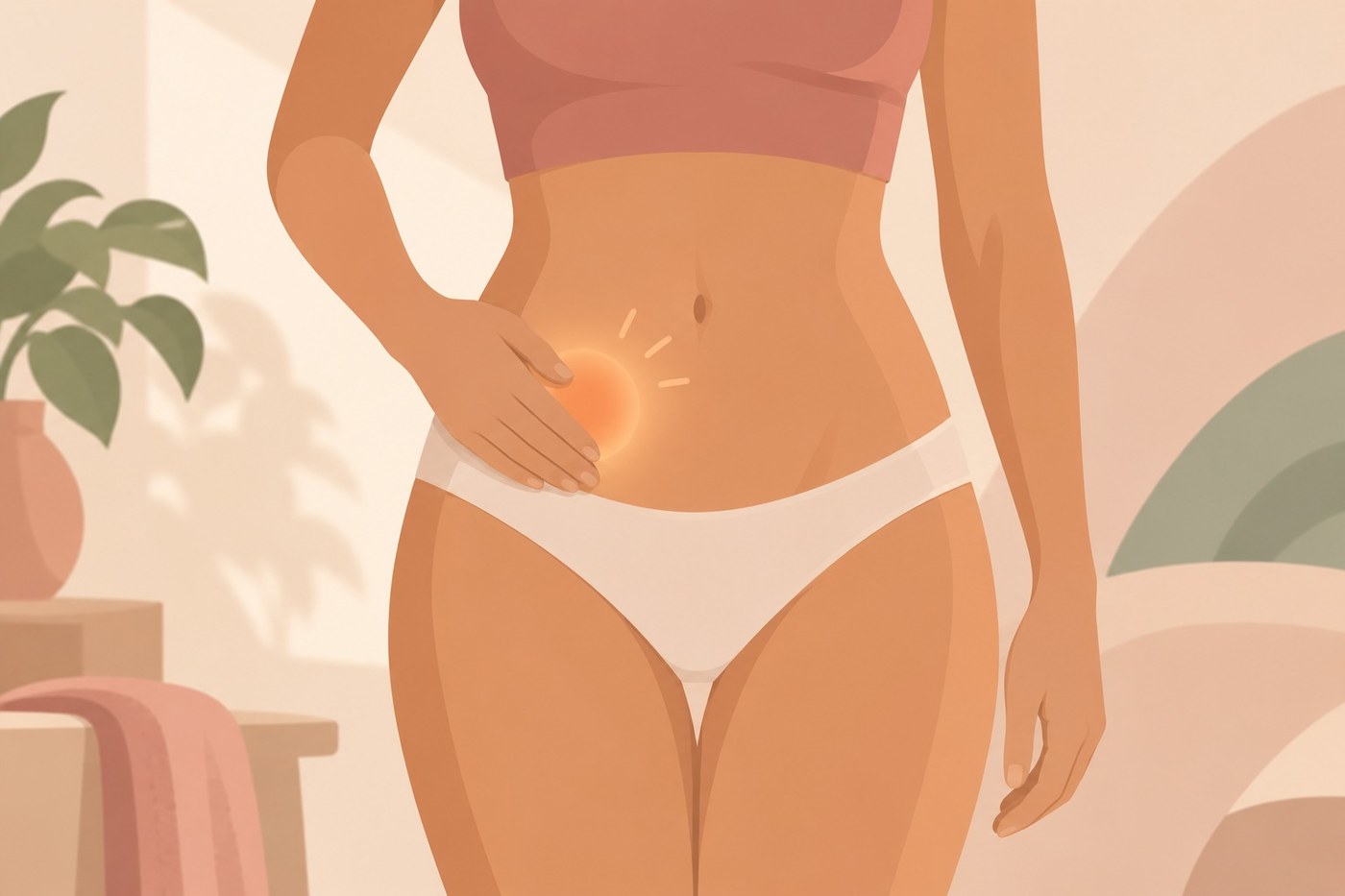 A woman resting a hand on her lower abdomen