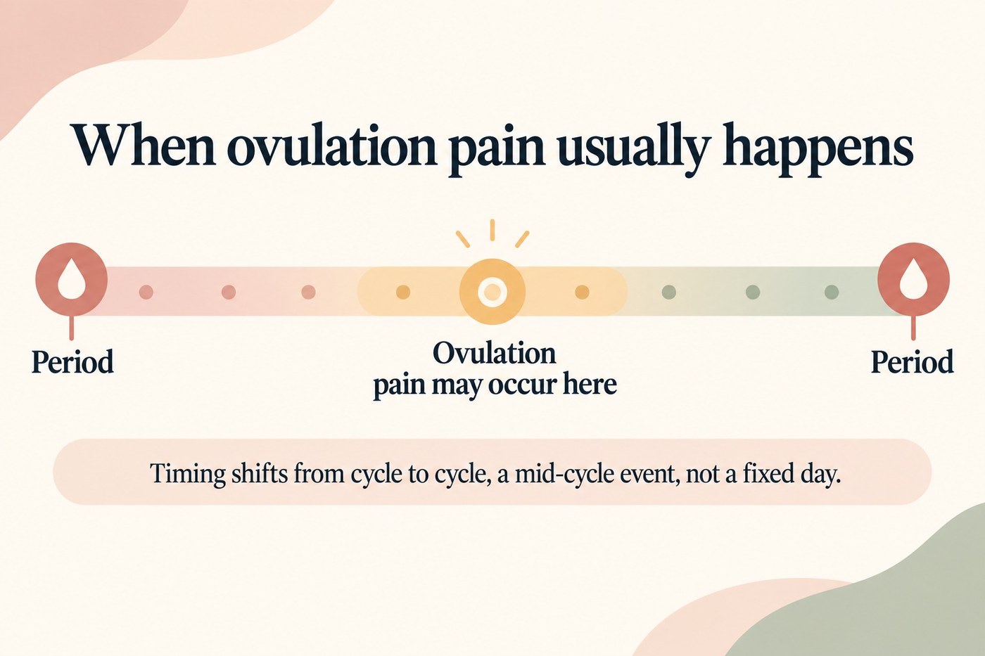 Timeline of a cycle from one period to the next, marking the mid-cycle window where ovulation pain may occur