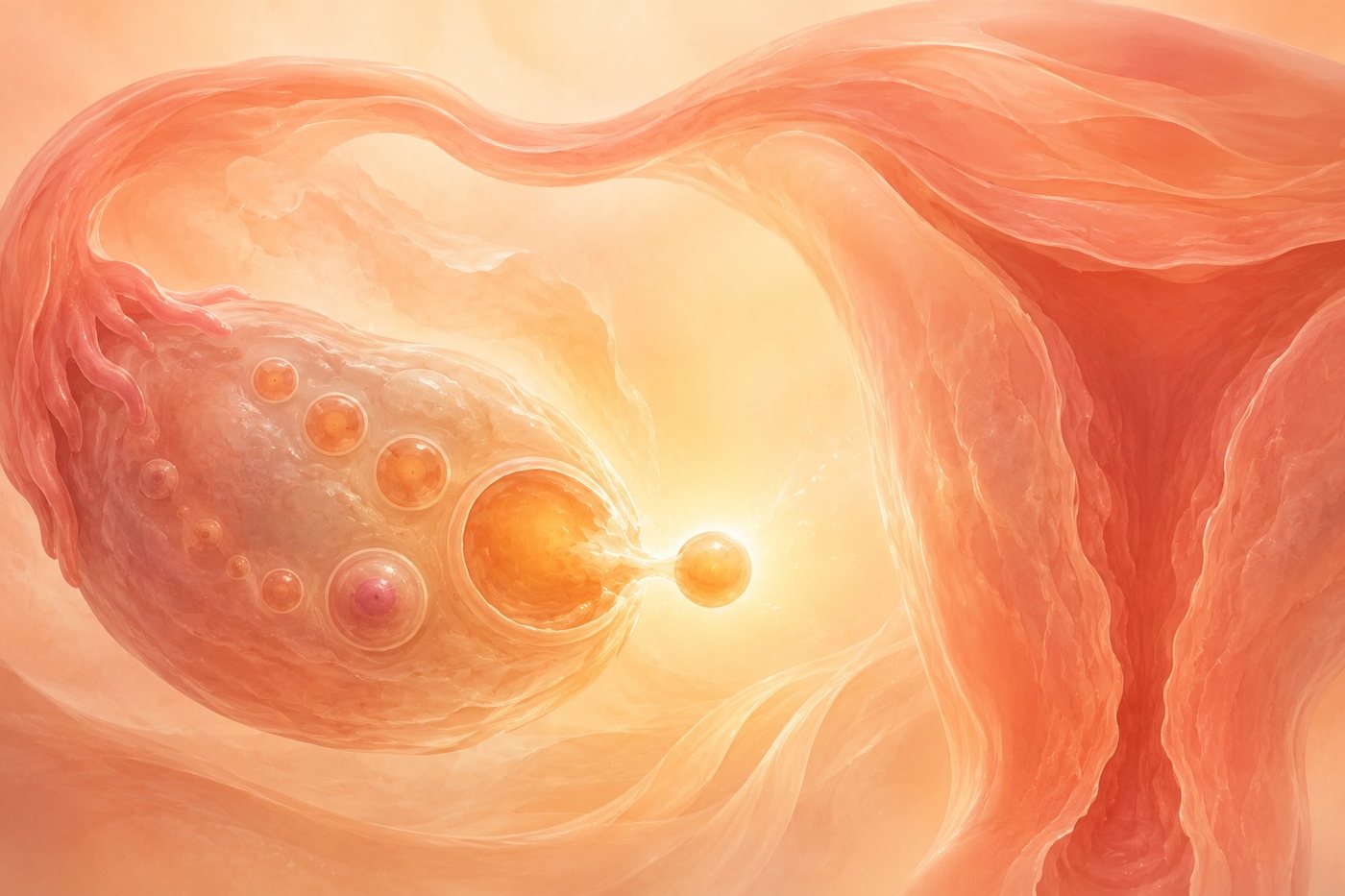A soft illustration of an ovary releasing an egg toward the fallopian tube