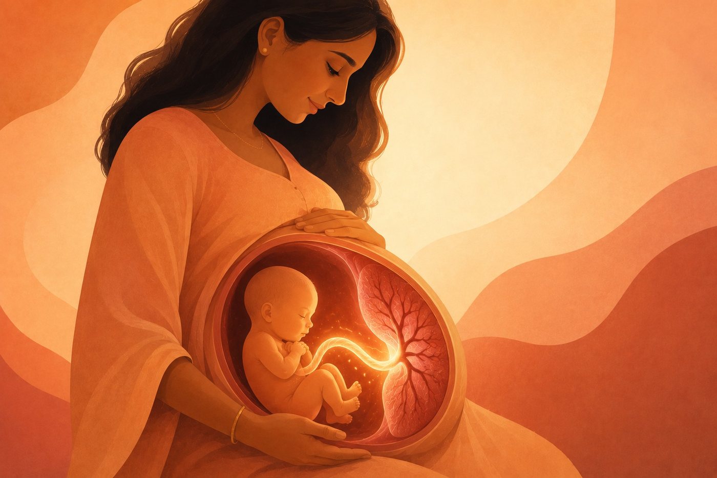 An illustration of a pregnant woman with a cross-section showing her baby and the placenta connected by the umbilical cord