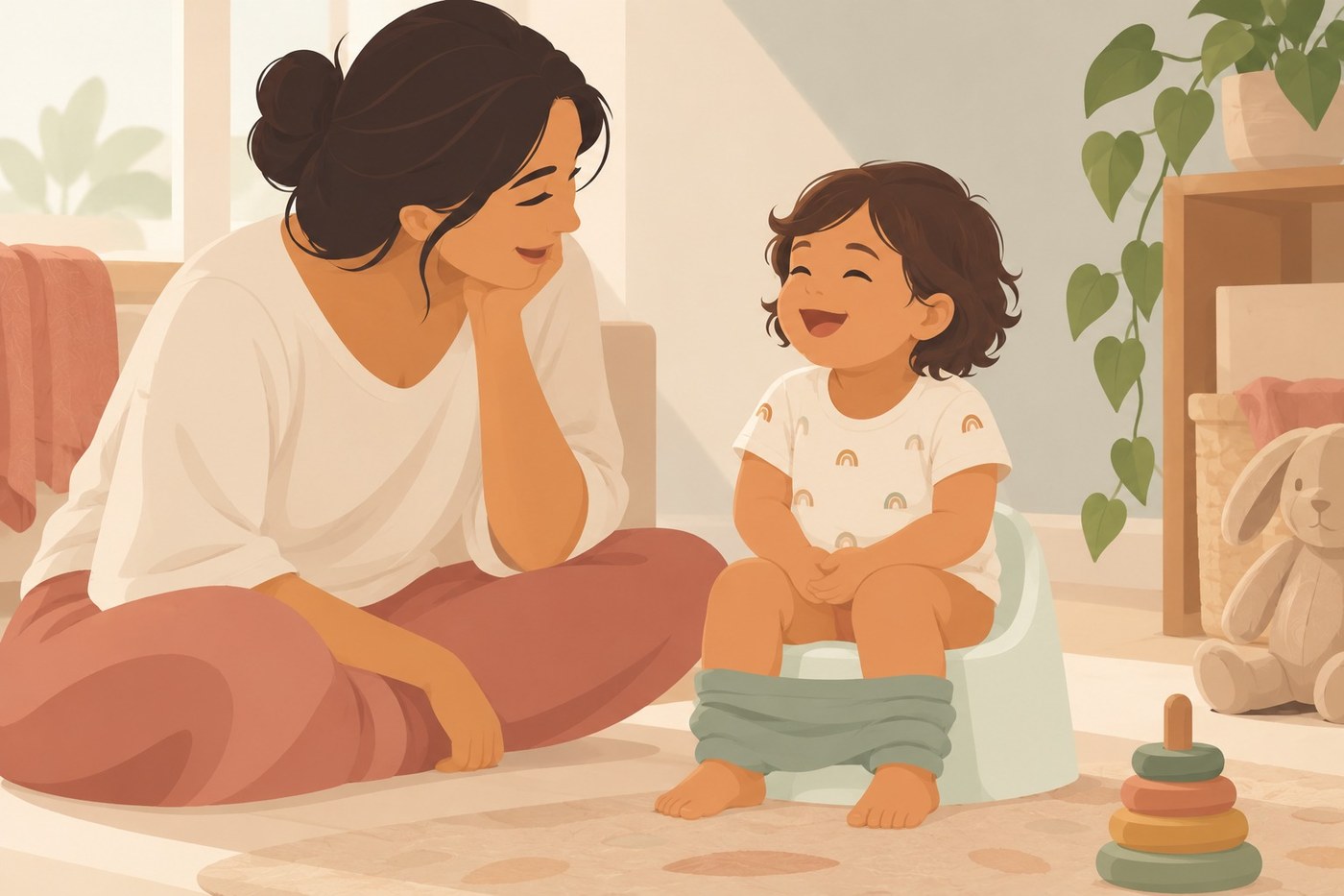 A toddler sitting on a small potty while a parent kneels beside them