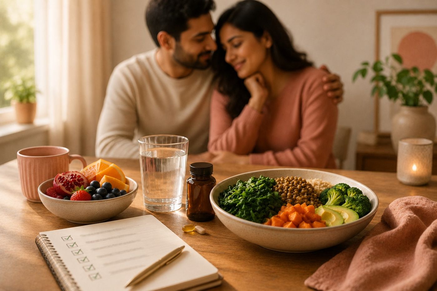 A couple sitting together at a table with a checklist, a supplement bottle, fruit and a bowl of vegetables in front of them