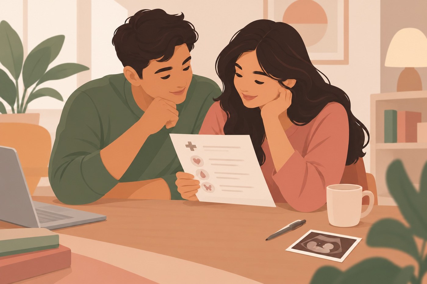 A couple sitting together with a doctor across a desk, discussing test results