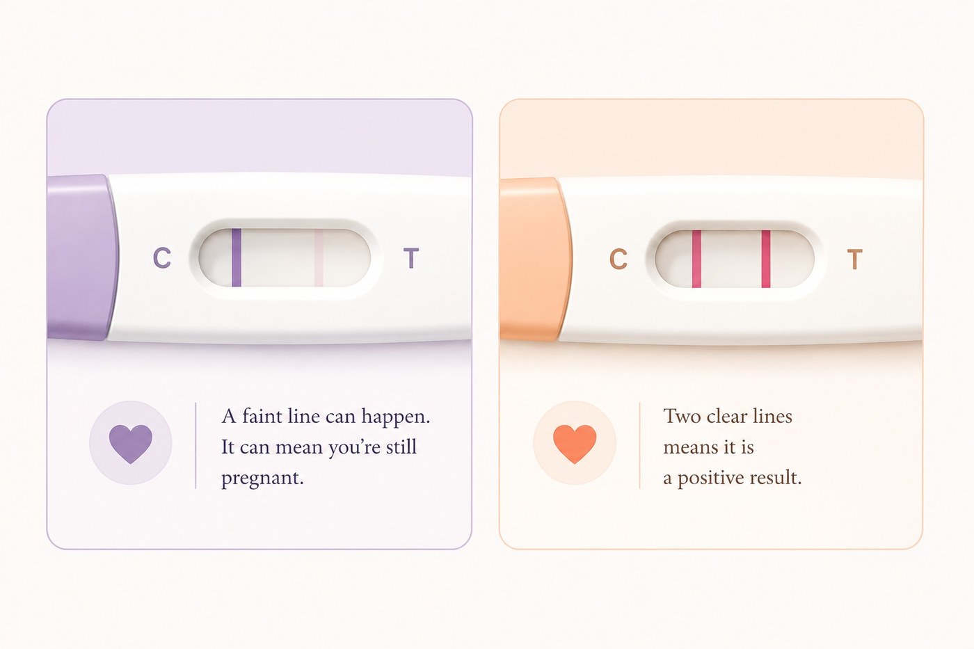 Two pregnancy tests side by side, one showing a faint second line and one showing two clear lines