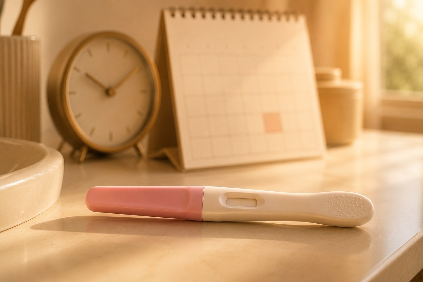 A pregnancy test resting on a bathroom counter beside a clock and a desk calendar in morning light