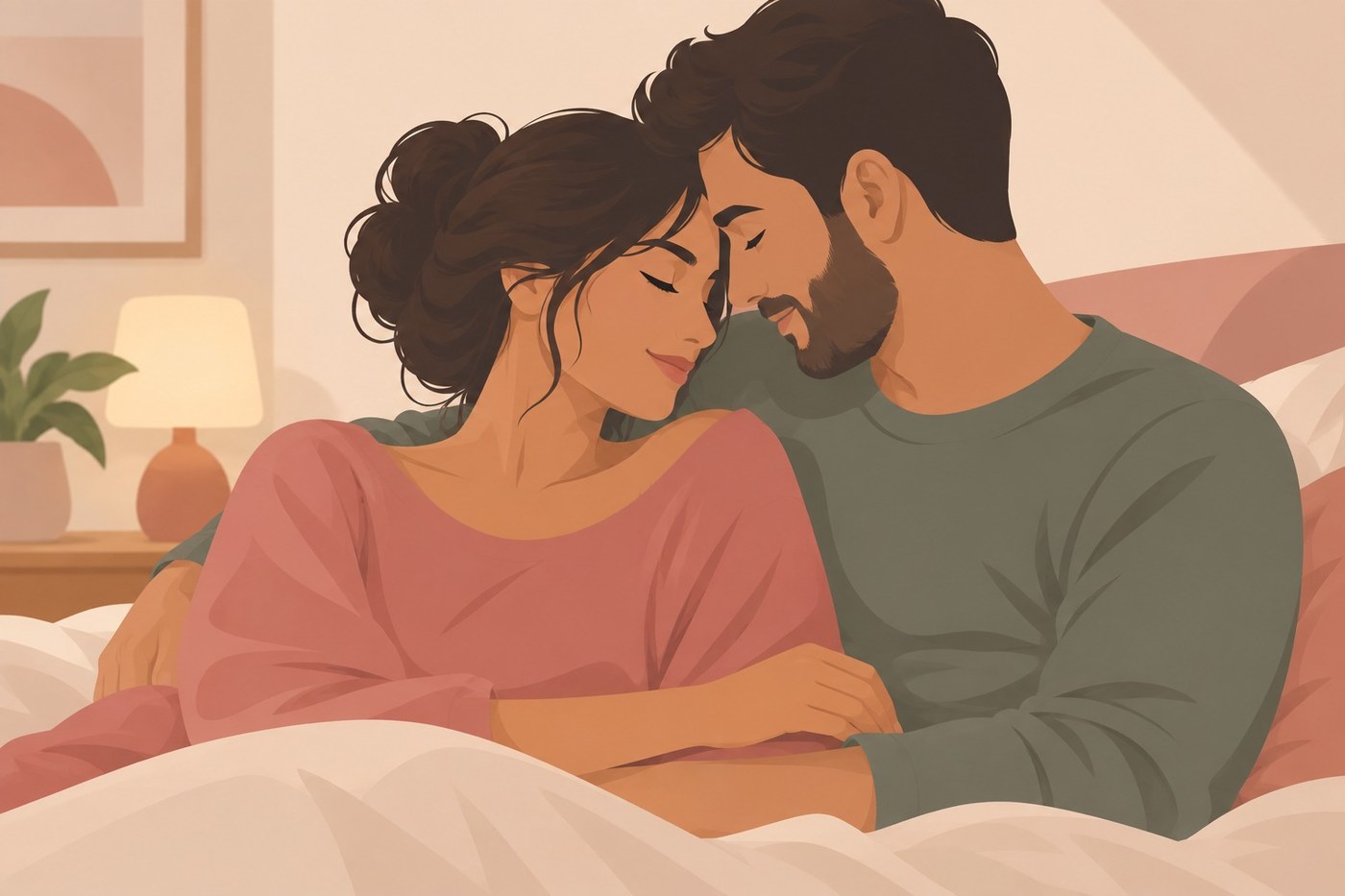 A couple sitting close together on a bed with a sleeping newborn nearby