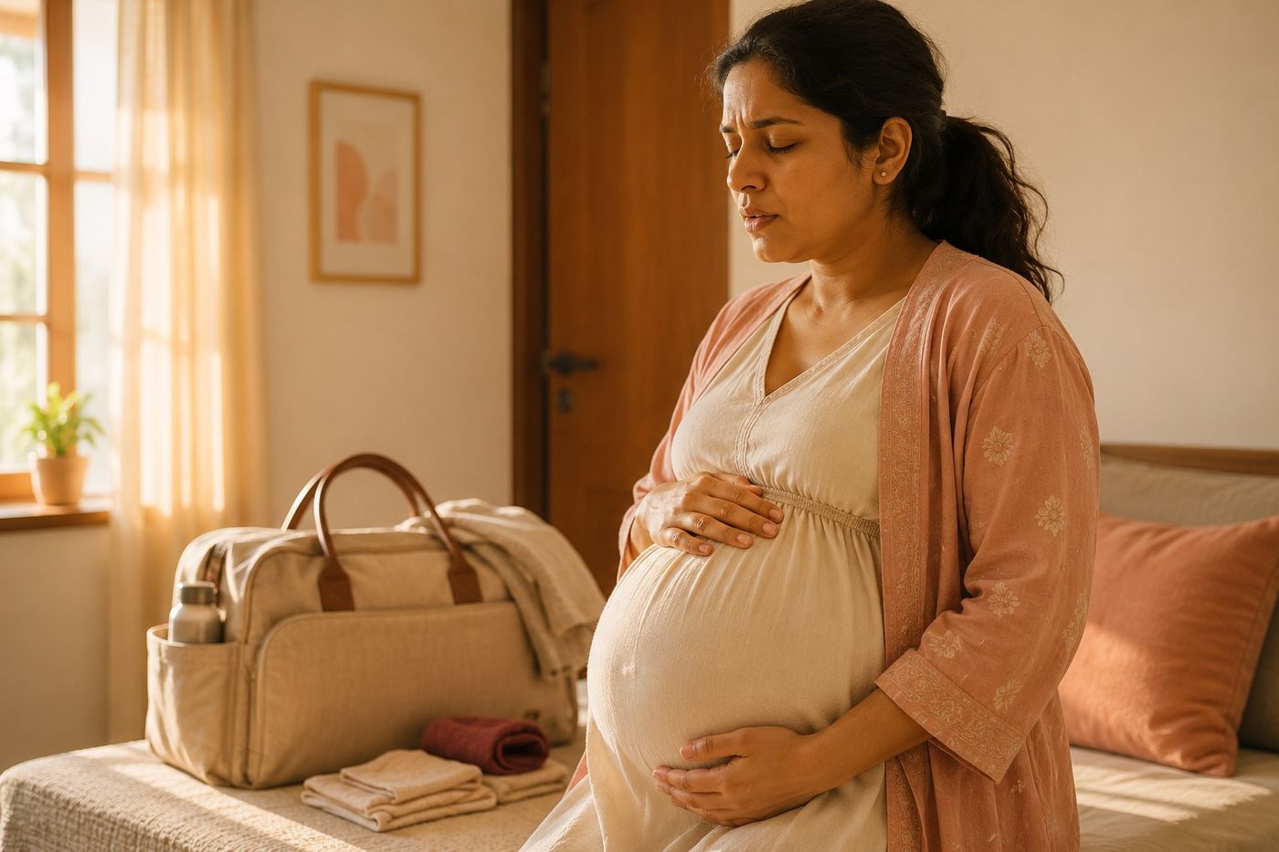 A pregnant woman standing with both hands on her bump beside a packed hospital bag on the bed