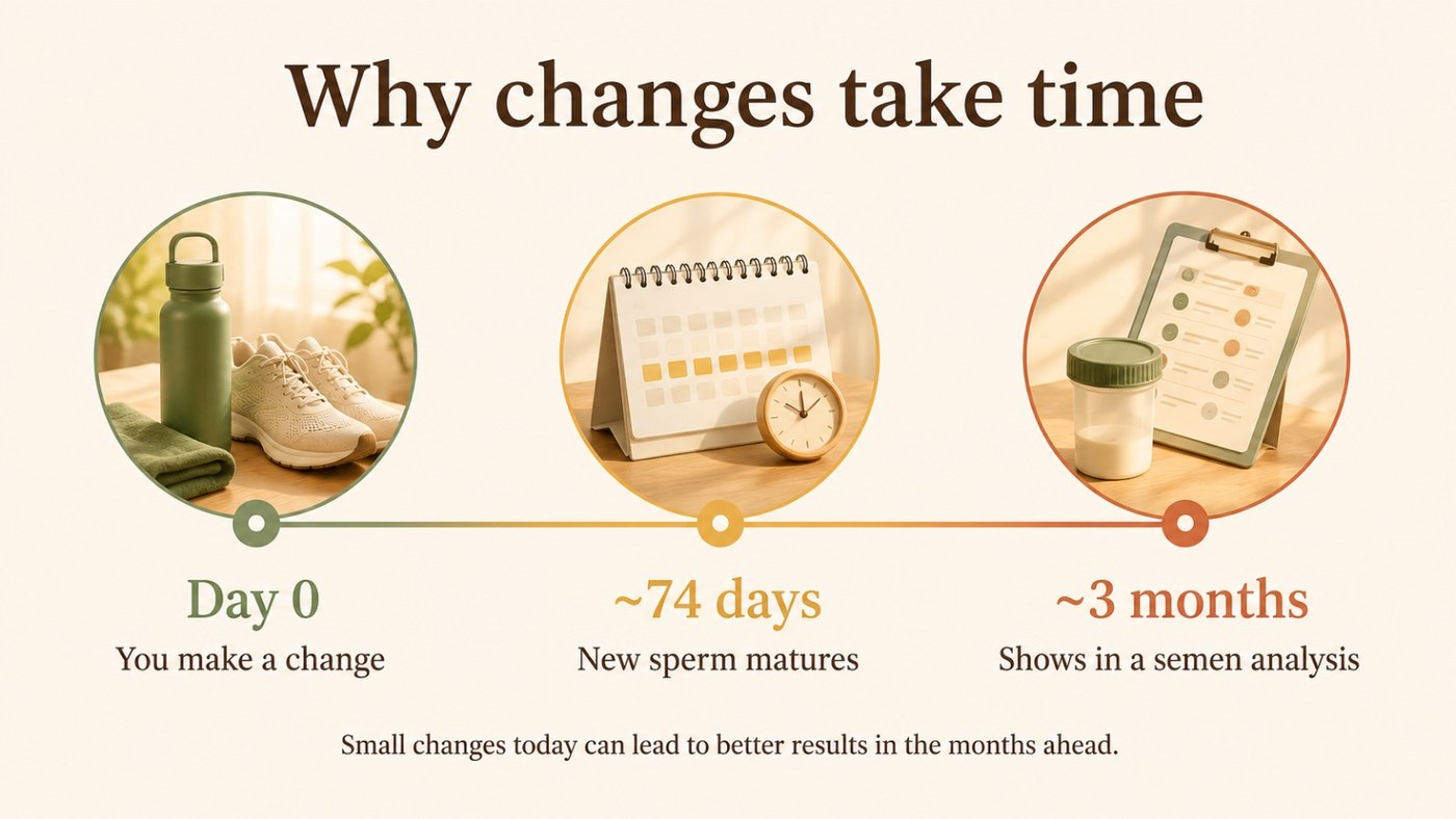 Timeline showing why changes to sperm health take about three months to appear in a semen analysis