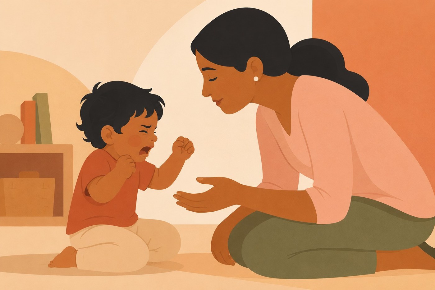 An illustration of a mother kneeling to meet her upset toddler at eye level, one hand held out calmly