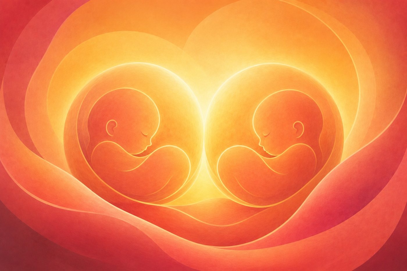 A warm illustration of two babies curled together in the womb
