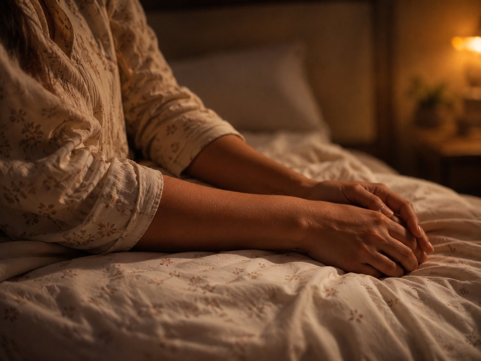 A woman's hands resting on a bedsheet in low lamplight, late at night.